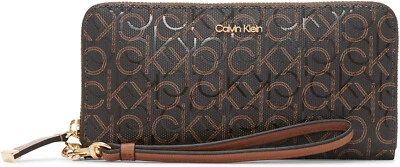 NOVA Bolsa de Embreagem Carteira Calvin Klein Marrom Logotipo Em Relevo Zíper Ao Redor de Pulseira - Imagem 1 de 3