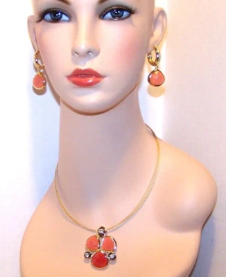 NUEVO $46 con Etiquetas DANA BUCHMAN Collar Pendientes SET Oro con Juegos de Melocotón y Estrás Foto 1 de 4