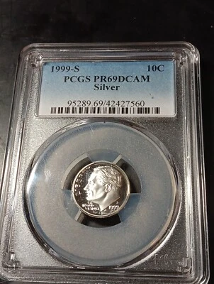 👉1999-S United States Roosevelt Dime Proof  PCGS Grade SILVER PR69DCAM 10C  - Image 1 of 2
