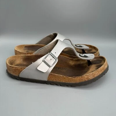 Birkenstock Gizeh Birko-Flor Hombres 9 Sandalias Plateadas Sin Cordones Tanga Hebilla Punta Redonda Foto 1 de 4