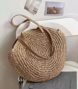 Handmade round straw bag, women's rattan shoulder bag summer beach tote, woven - Picture 1 of 2