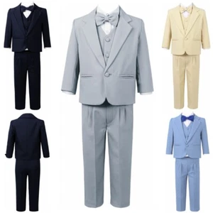 Boys Formal 5 Piece Suit Notch Lapel Blazer Vest Pants Shirt with Bow Tie Sets - Picture 1 of 51