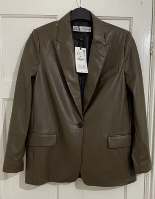 ZARA BROWN FAUX LEATHER BLAZER JACKET WITH SHOULDER PADS, POCKETS SIZE M BNWT - Image 1 of 4