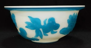 Antique Chinese Carved Blue Peking Glass Overlay Bowl with Goldfish Art - Picture 1 of 9