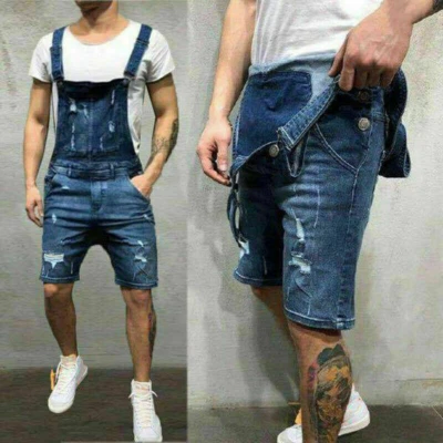 Herren Latzhose Shorts Knielange Ripped Denim Overall Jumpsuit kurz TrägerhoseLH - Bild 1 von 4