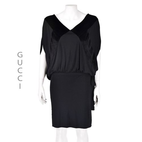 GUCCI Mini Abito Vintage Nero Maglia e Velluto Blouson Manica Dolman TG S