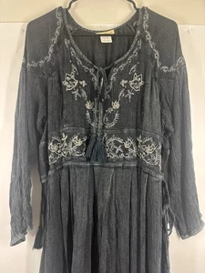 Vintage Witchy Tassel Key Hole Beaded Embroidered Dark Teal Black Maxi Dress XXL - Picture 1 of 6