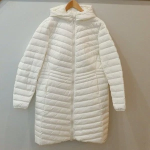 LANDS END ultralight down puffer jacket coat long quilted L white packable hood - Picture 1 of 11