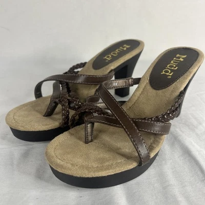 VTG y2k Mudd Brown Strappy Thong Heel Sandal Vegan Leather 8M - EXCELLENT - Image 1 of 4