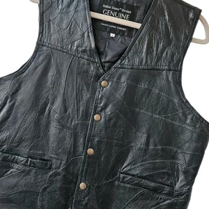 Men's Black Genuine Leather Vest Italian Stone Design Navarre Sz L Biker Western - Picture 1 of 7
