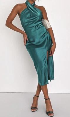 LULUS Women’s Emerald Green Beyond Classy Satin Cross Halter Midi Dress Size XS - Image 1 of 4