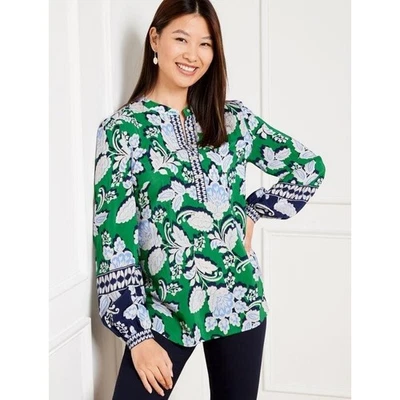Talbots Blouse Womens Small Green Blue Floral Long Sleeve Split Neck Popover - Image 1 of 4
