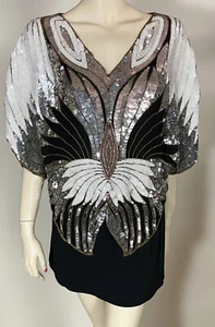 1970s Vintage Art Deco Style Sequin Animal Creature Whisker Eye Pattern Top L XL - Picture 1 of 10
