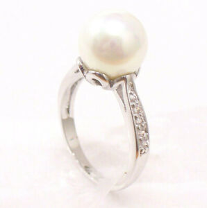 Women Shell Pearl Ball Ring White Gold Plated CZ Cubic Zirconia Crystals J UK