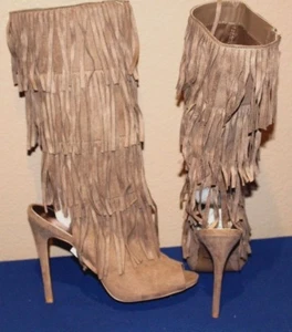 NEW QUPID Womens Open Toe & Back Fringe Heeled Boots Knee High Taupe Size 10 M - Picture 1 of 4