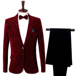 Men's Floral Red Velvet Suit Jacket+Pants Set Wedding Tuxedo Prom Dinner Slim 