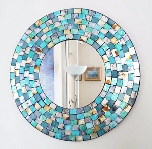 Round mosaic wall mirror, teal & gold brushed style, hand made in Bali, 40cm NEW - Picture 1 of 5