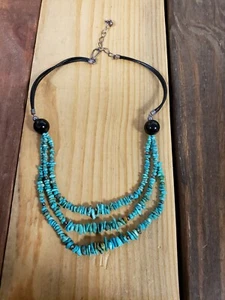 Jay King Sterling Silver 3 Strand Blue Turquoise Black Agate Leather Necklace - Picture 1 of 3