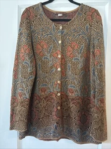 Peruvian Connection Cardigan Womens XL Tan Orange Blue Floral Sweater Knit Pima - Picture 1 of 24