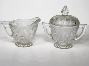 1930's Jeannette Iris & Herringbone Crystal Clear Cream & Lidded Sugar Bowl - Picture 1 of 9