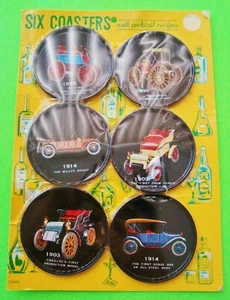 SEIS POSAVASOS DE HOJALATA DE AUTOMÓVILES ANTIGUOS SELLADOS CA 1950 con RECETAS DE CÓCTELES - Imagen 1 de 7