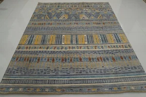 8x10 Gray Modern Afghan Hand Knotted Wool Abstract Tribal Rug - Picture 1 of 15