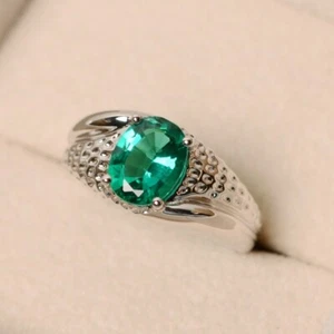 Green Emerald Women Dainty Ring 925 Sterling Silver Lab Created Gemstone Ring - Picture 1 of 5