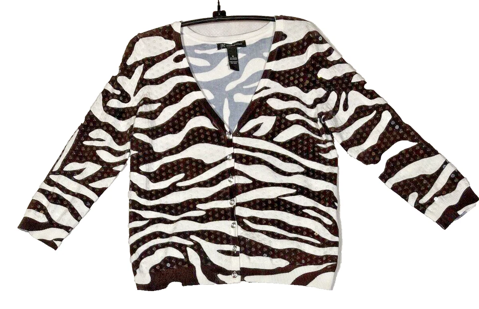 Cárdigan INC International Concepts Mujer Mediano Marrón Lentejuelas Trabajo Animal Cebra Foto 1 de 4