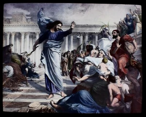 ANTIQUE Magic Lantern Slide CLENSING OF THE TEMPLE C1900 RELIGIOUS ILLUSTRATION - Picture 1 of 2