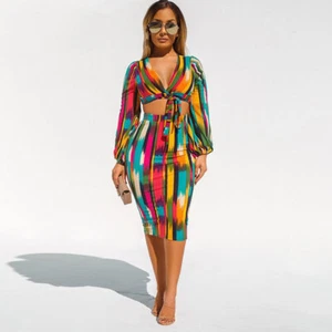 Women's Tie-Dye V-Neck Long-Sleeve Bandage Top And Midi Skirt Two-Piece Set - Picture 1 of 4