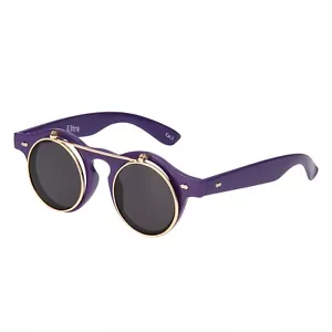 Purple + Black Flip up Circle Steampunk Glasses Cyber Round Sunglasses UV400 UK - Picture 1 of 7