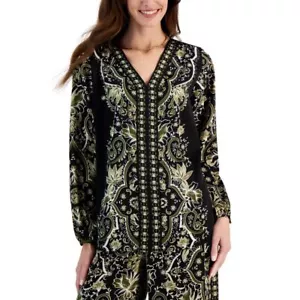 NWT Jm Collection Women's Long Sleeve Printed V-Neck Satin Top Black Combo Sz M - Picture 1 of 8