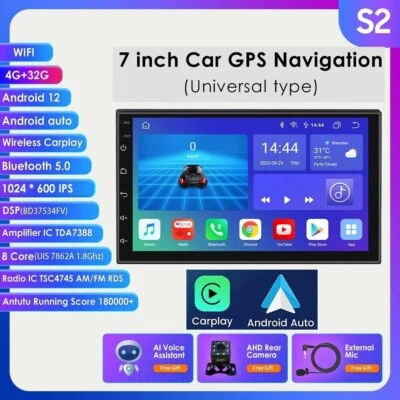 AUTORADIO 8-Kern Android 12 GPS NAVI DSP 7" DOPPEL 2 DIN WIFI CarPlay BT 4+32GB - Bild 1 von 4