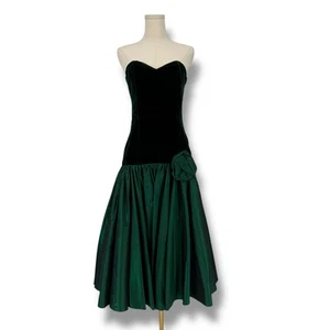 Vestido Vintage Años 80 Whats Up by Carol Verde Terciopelo y Tafetán Cintura Caída Talla 12 - Imagen 1 de 14
