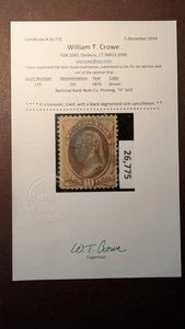 U.S. Briefmarke #139 fein bis sehr schön gebraucht mit Crowe Zertifikat - Bild 1 von 1