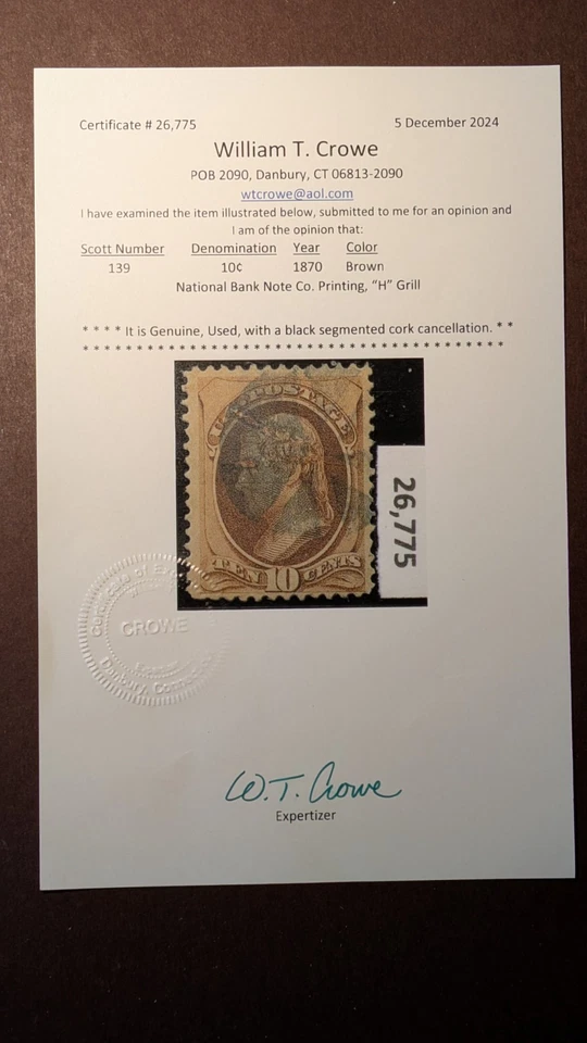U.S. Stamp #139 fine to very fine used with Crowe Certificate - Image 1 of 1