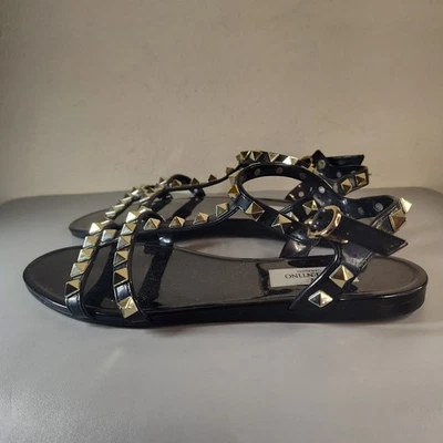 VALENTINO Garavani Women Shoes Sz 5 Black PVC Jelly Rockstud Caged Ankle Sandal - Image 1 of 4