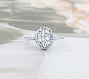 1.50 Ct Oval Cut Simulated Diamond Halo 925 Silver Ring for Her - Picture 1 of 5