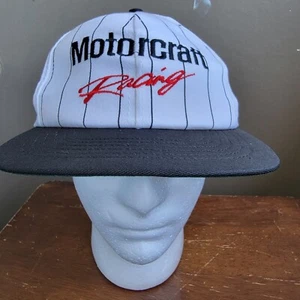 Vintage Motorcraft Racing weiß schwarz Nadelstreifen Druckknopflasche Mütze Union Made in USA - Bild 1 von 10
