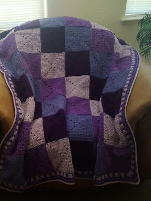 NEW HAND CROCHET PURPLE MULTI COLOR SQUARES AFGHAN LAP BLANKET THROW - Image 1 of 4