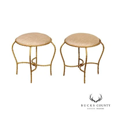 Par de taburetes giratorios de cuerda de metal dorado Hollywood Regency Foto 1 de 4