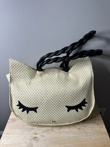 BETSEY JOHNSON “LUV BETSY” LARGE STRAW CAT FACE TOTE BAG PURSE - Picture 1 of 4