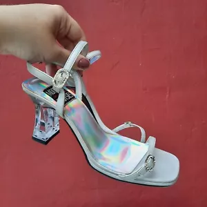 Vintage Y2K holographische silberne quadratische Zehenpartie Lucite Absatz 8,5 Aschenputtel Hochzeit HTF - Bild 1 von 11