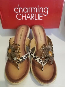 NEW Charming Charlie Women’s 3.5" Wedge Heels Size 8.5 Leopard Print with Flower - Picture 1 of 7