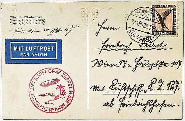 Zeppelin 1929: Mittelmeerfahrt 1 Mark Stamp on Postcard - Image 1 of 1