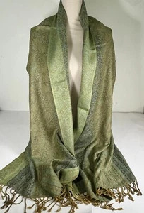 Pashmina Shawl Wrap Scarf Green Blue Beige Fringe 40" Length 28" Width Elegant - Picture 1 of 5
