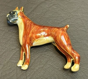 Enamel Boxer Dog Pin Brooch Brown White Black On Gold Tone Metal - Picture 1 of 6