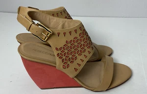 Rebecca Minkoff Women Perforated Leather Wedge Tan/ Pink Ankle Strap Size 8.5 - Picture 1 of 8