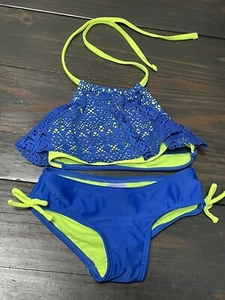 Circo Girls Blue Crochet Flounce Bikini Top & Bikini Bottom 2 Piece XS 4/5 EUC - Picture 1 of 3