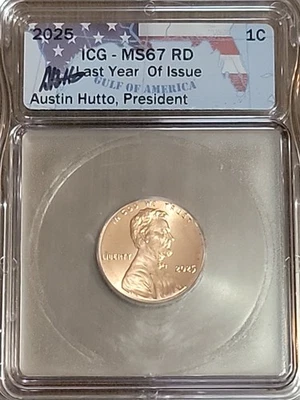 2025 MS 67 RD Lincoln Cent 1c ICG - New Austin Hutto Signed Flag Label - Image 1 of 4